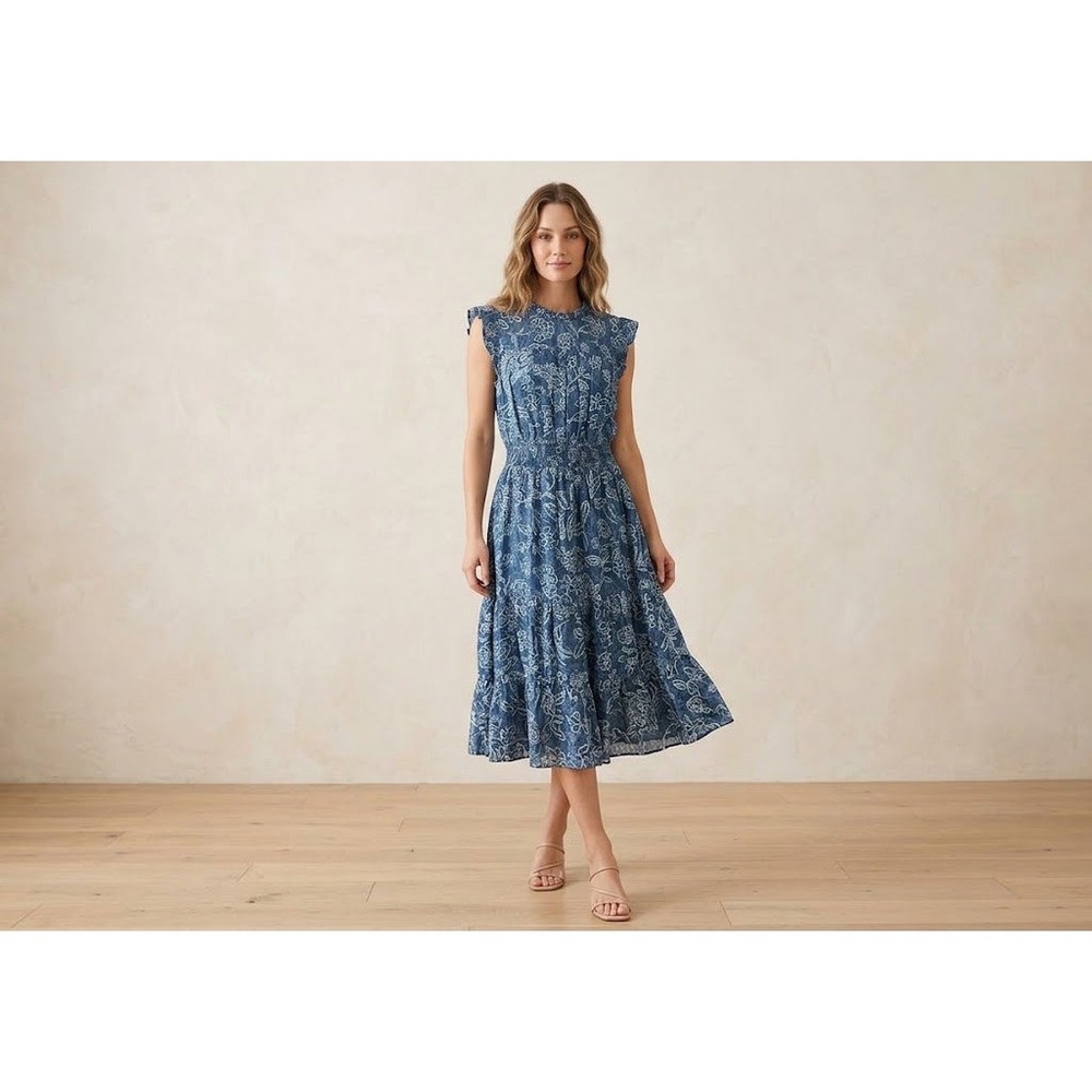 Sharagano Dress Womens Small Blue NWT Floral Smocked Waist Tiered Midi Boho